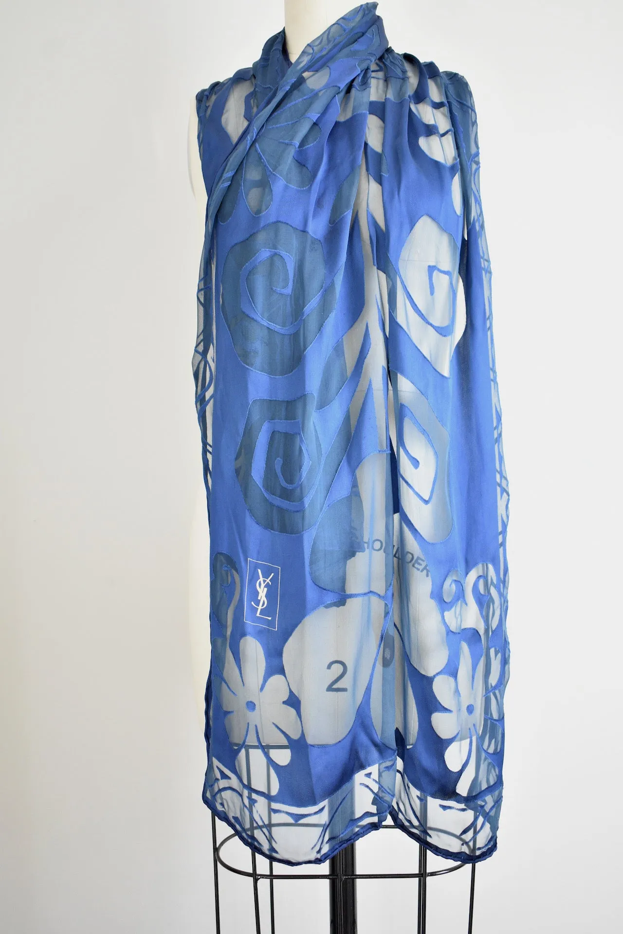Vintage Yves Saint Laurent  Blue Floral Sheer Scarf