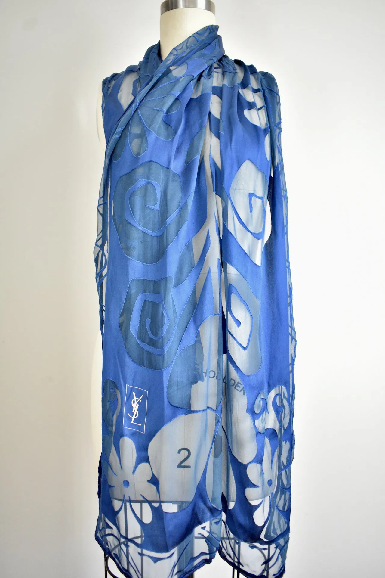 Vintage Yves Saint Laurent  Blue Floral Sheer Scarf