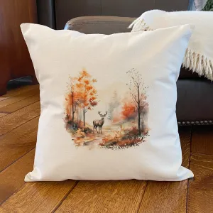 Watercolor Fall Forest and Deer - Square Canvas Pillow