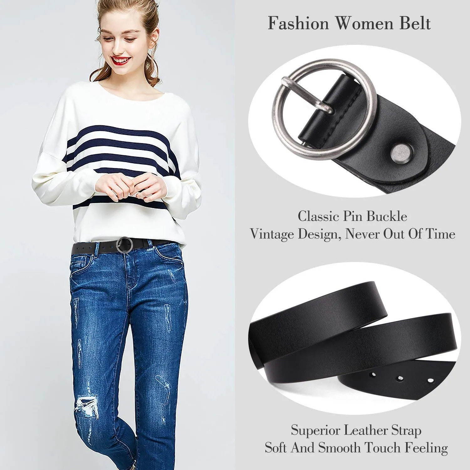 Women Casual Dress Belt Genuine Leather Belt with Round Buckle by JASGOOD