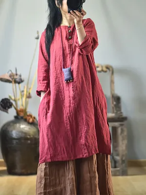 Women Vintage Autumn Solid O-Neck Buckle Dress