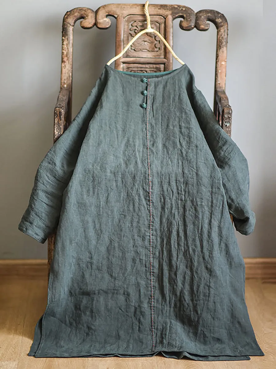 Women Vintage Autumn Solid O-Neck Buckle Dress
