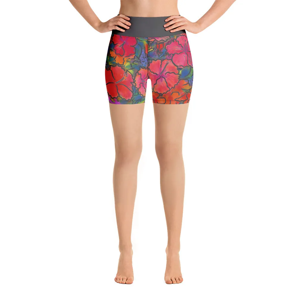 Women's Yoga Shorts: Colorful Tropical Flower, Bold & Beautiful