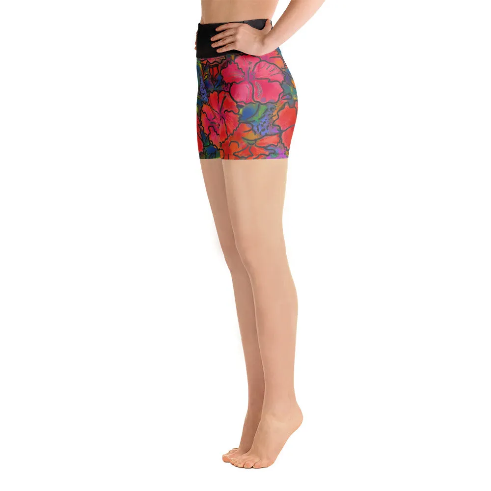 Women's Yoga Shorts: Colorful Tropical Flower, Bold & Beautiful