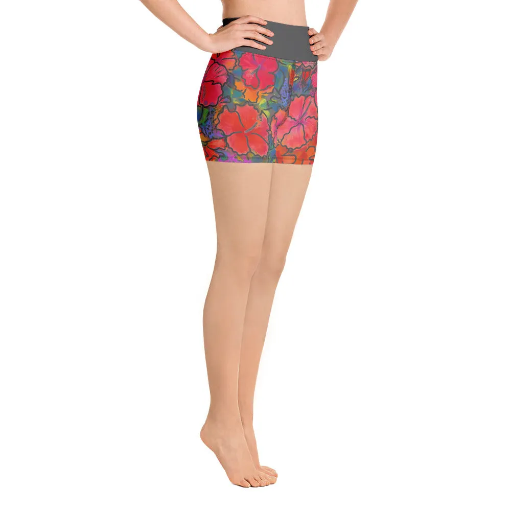 Women's Yoga Shorts: Colorful Tropical Flower, Bold & Beautiful