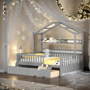 Wooden Full Size House Bed with Twin Trundle Kids Shelf Grey