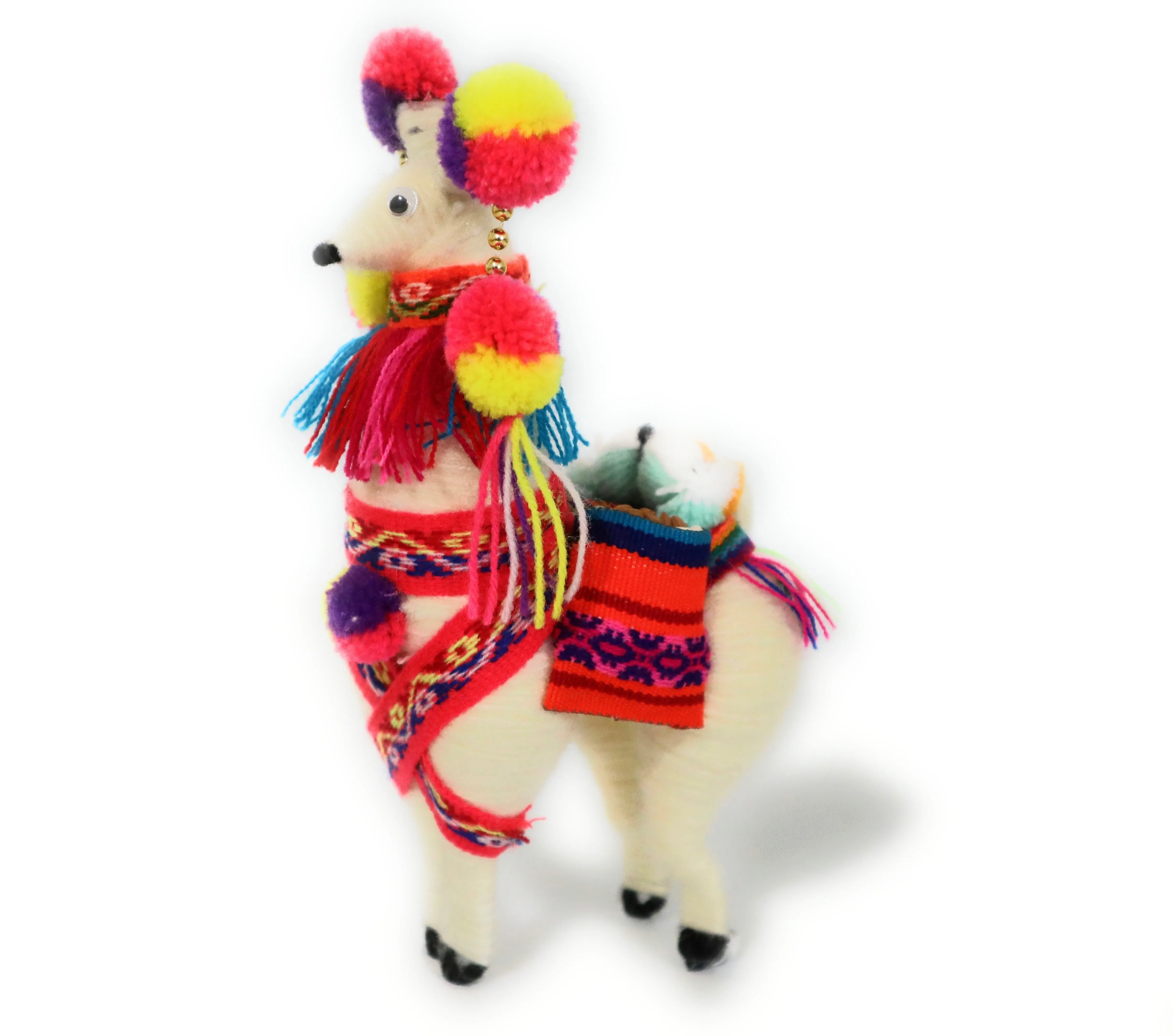 Wool Multicolor Llama Figurine. Peruvian Folk Art. 7.5" Tall