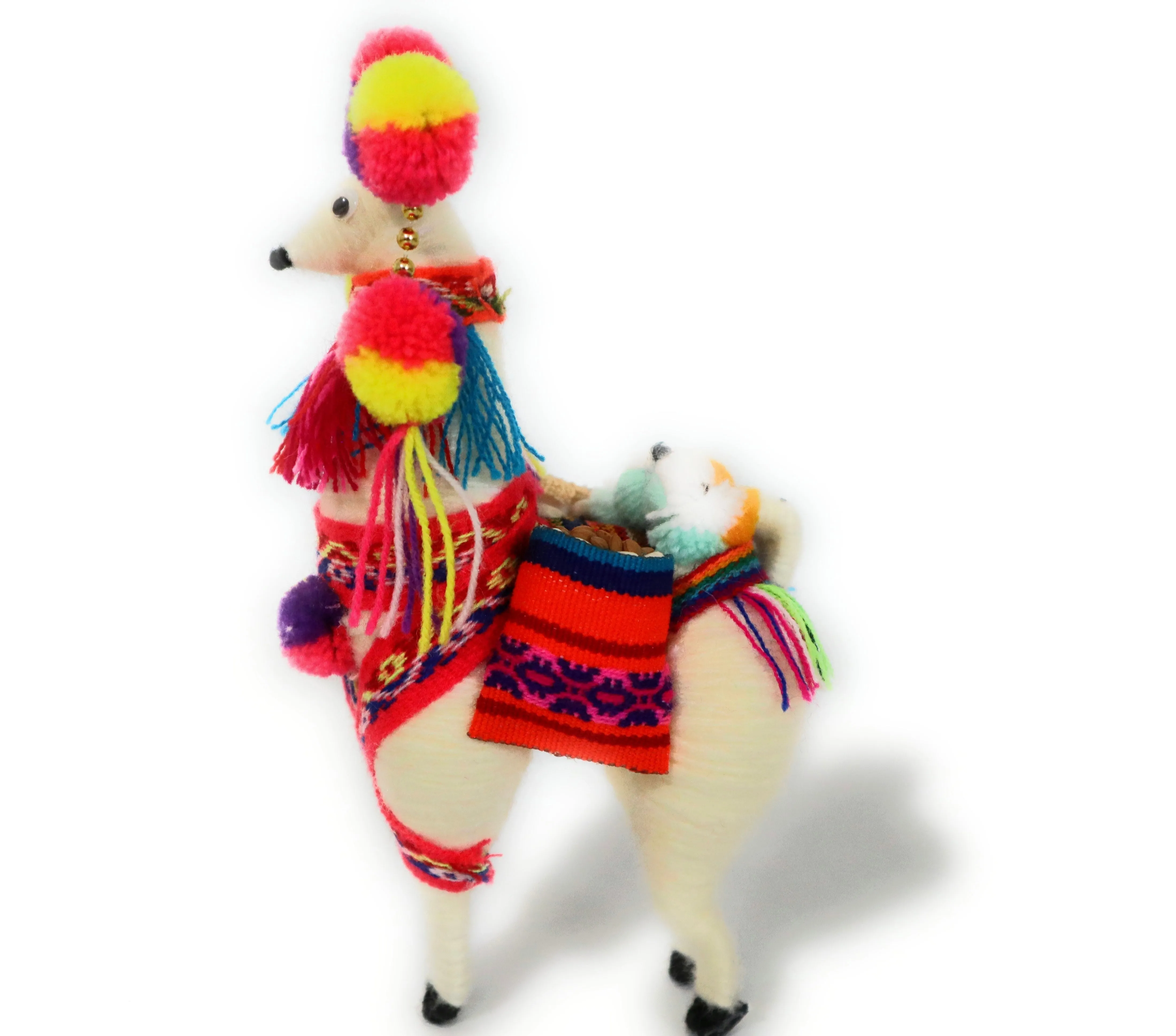 Wool Multicolor Llama Figurine. Peruvian Folk Art. 7.5" Tall