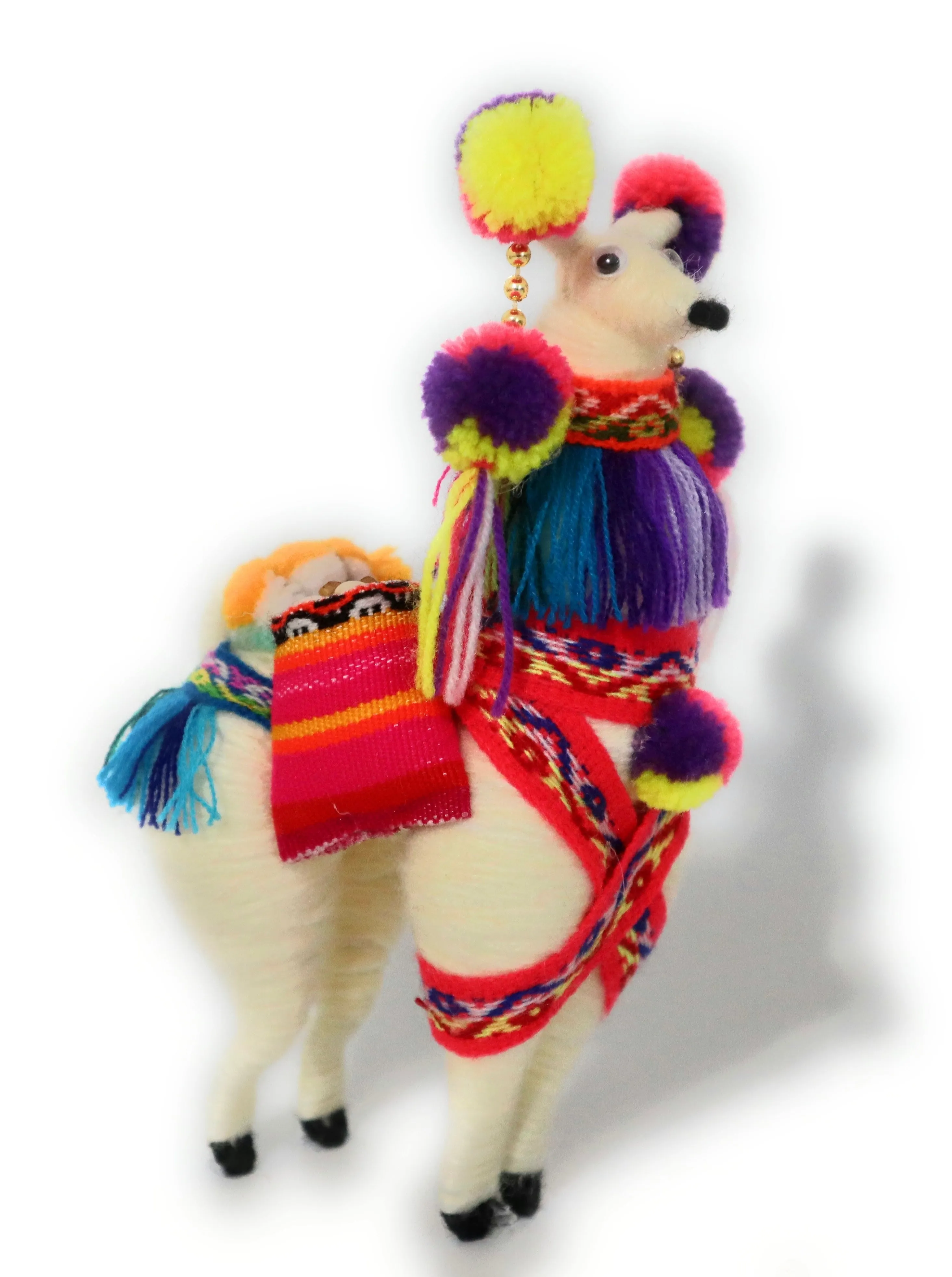 Wool Multicolor Llama Figurine. Peruvian Folk Art. 7.5" Tall