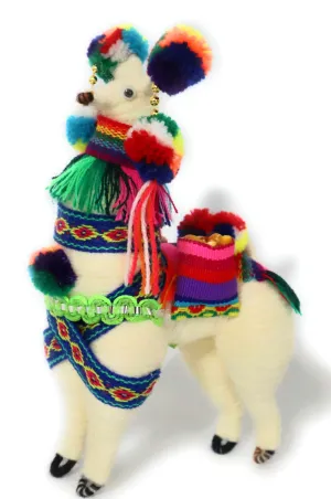 Wool Multicolor Llama Figurine. Peruvian Folk Art. 7.5" Tall