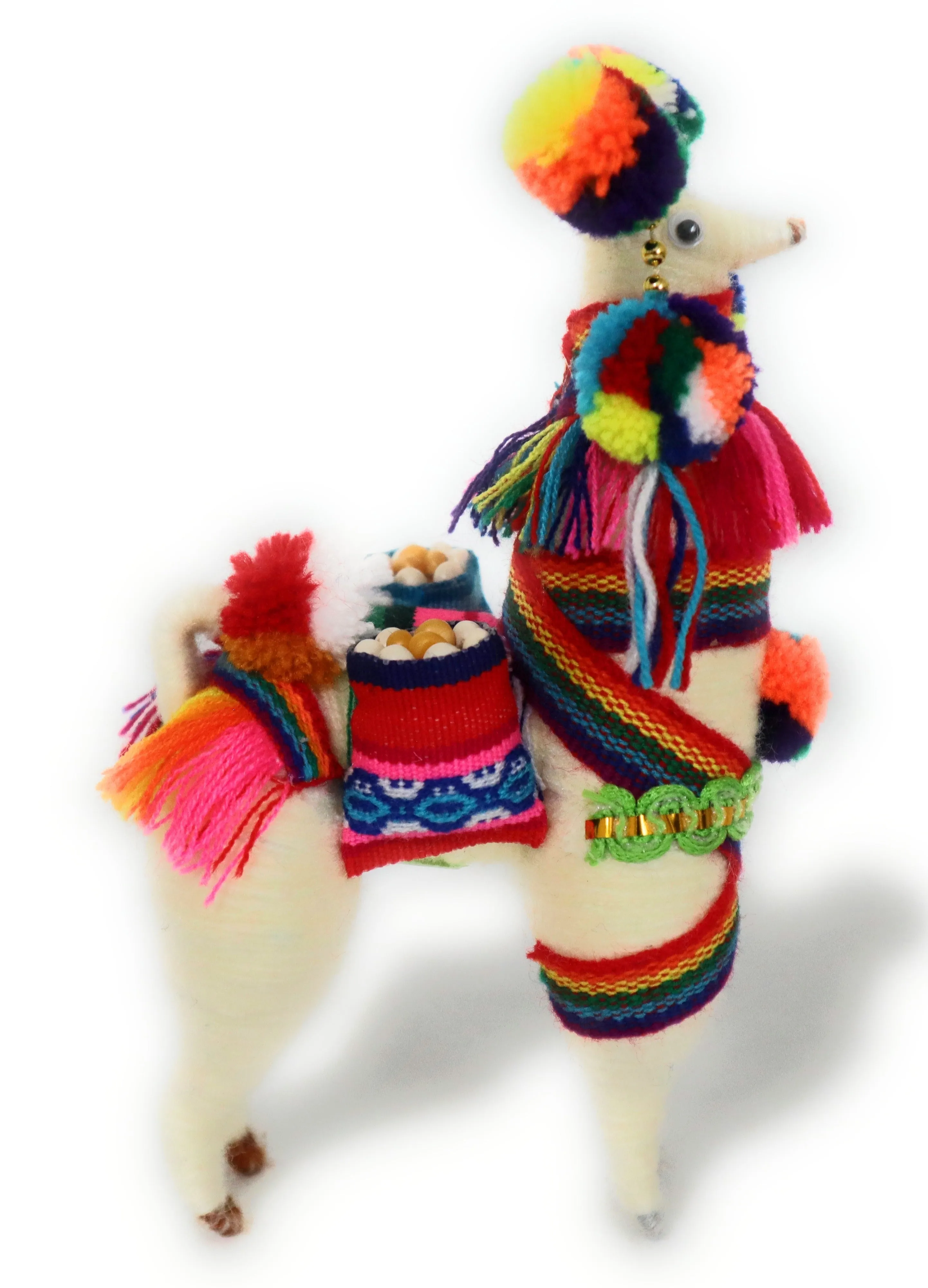 Wool Multicolor Llama Figurine. Peruvian Folk Art. 7.5" Tall