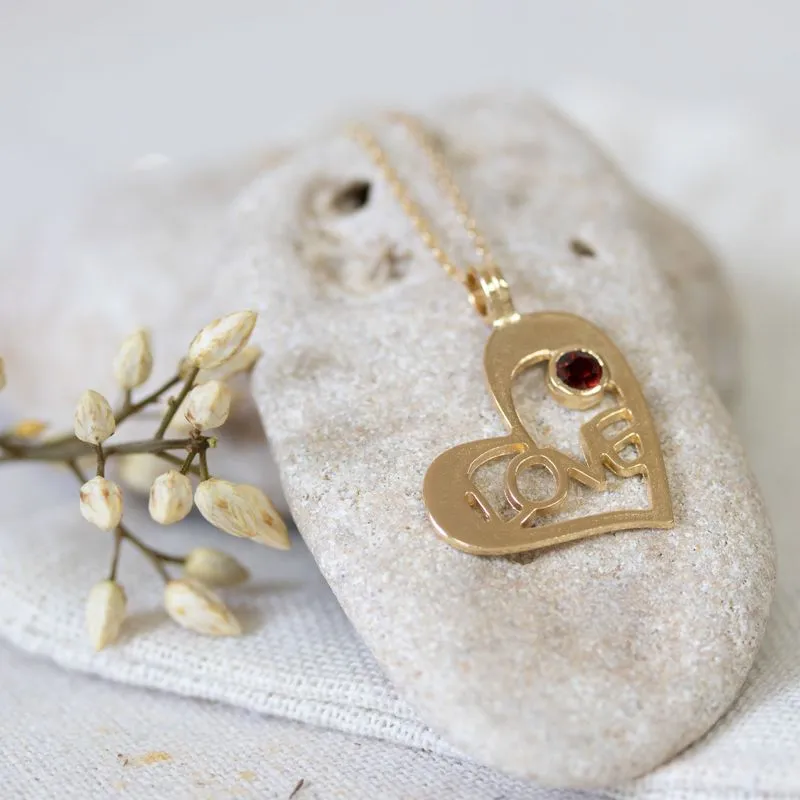 Yellow Gold Plated Heart LOVE Shape Pendant inlaid with Garnet