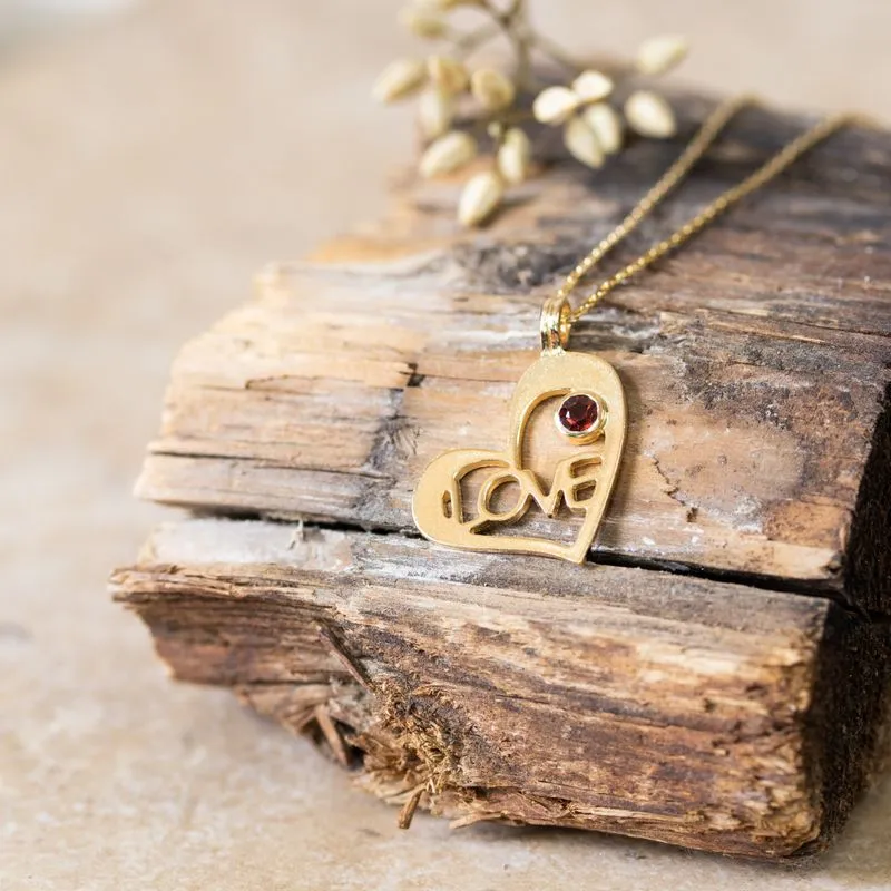 Yellow Gold Plated Heart LOVE Shape Pendant inlaid with Garnet